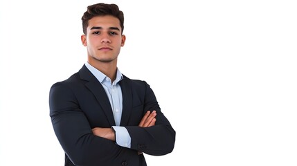A young professional man wearing a navy suit with a light blue shirt, arms crossed, standing on a white background with large open space beside him.