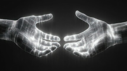 Two glowing, digital hands reaching towards each other in a handshake.