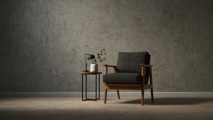 black armchair on a background of a gray wall, copy space