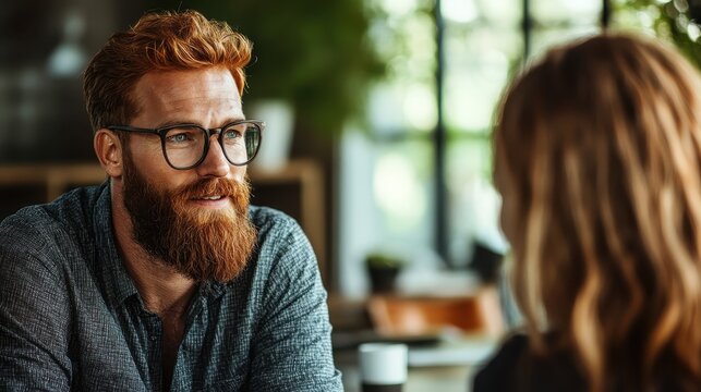 A bearded man wearing glasses engages in a focused and serious conversation inside a well-lit cafe, reflecting a thoughtful and intellectual atmosphere.