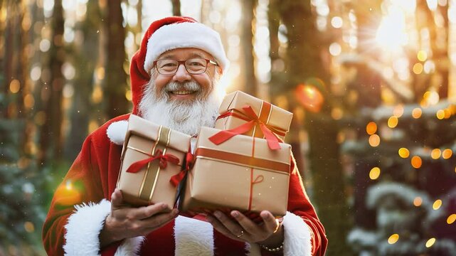 A senior bearded man in santa clause outfit carrying gift boxes, looking at camera and smiling	
