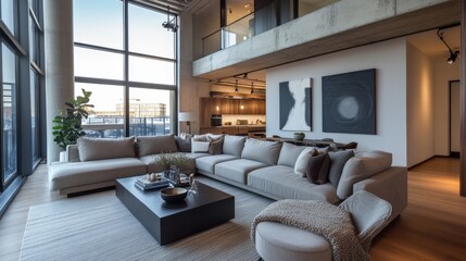 Modern living room design featuring spacious layout and large windows with city views