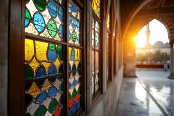 Stunning Stained Glass Windows Capturing the Warm Glow of Sunset in an Architectural Marvel with Cultural Significance in a Historic Setting