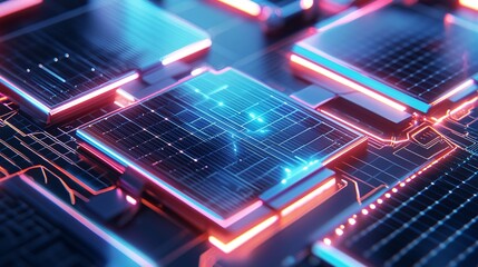 Renewable Energy and Green Technologies Concept. Futuristic Circuit Board with Neon Lighting Effects