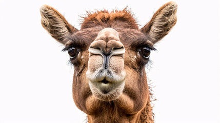 Portrait of a Surprised Camel: Close-up, isolated on a white background.