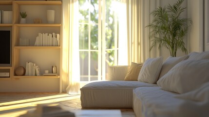 Obraz premium Sunny Living Room With White Sofa And Wooden Shelving