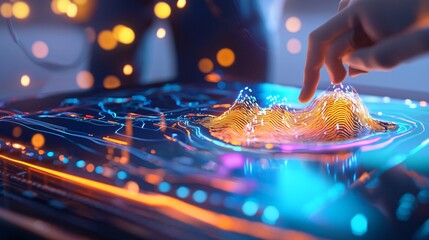 Renewable Energy and Green Technologies Concept. Interactive Digital Landscape Visualization Display