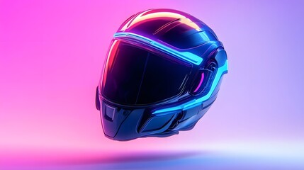 Fototapeta premium A futuristic motorcycle helmet with neon accents against a gradient background.