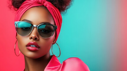 This image showcases a trendsetting woman wearing a red headwrap and stylish sunglasses, exuding confidence and elegance against a contrasting colorful backdrop of blue and red.