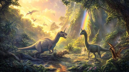 A dinosaur and a unicorn meet in a sunlit forest.