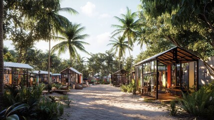 Fototapeta premium Tropical Resort with Bungalow Cabins and Palm Trees