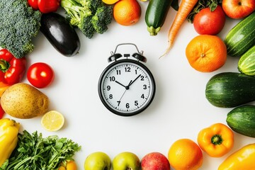 Intermittent fasting benefits highlighted by a variety of healthy fruits and vegetables in a well-organized display inviting healthy lifestyle choices for optimal wellness