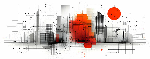 Abstract city skyline with red accents.