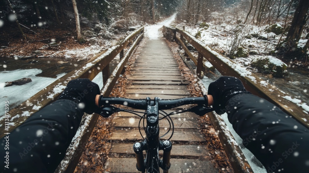 Poster from a point of view perspective, a bike ride on a snowy trail unfolds. the path leads over a wooden