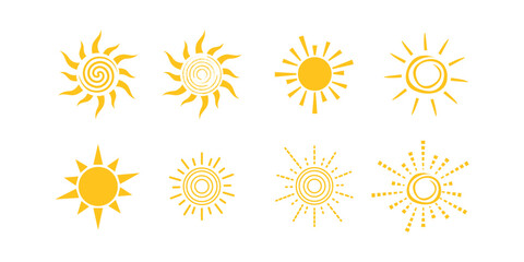 yellow sun icon set. Hand drawn summer elements. isolated on white background