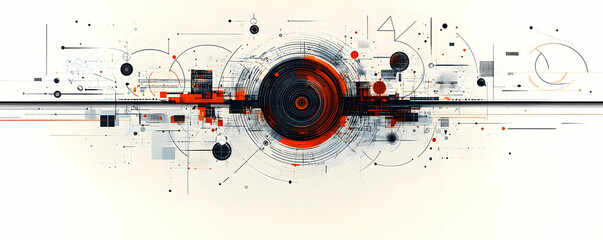 Obraz premium Abstract digital art with geometric shapes and lines in orange and black.