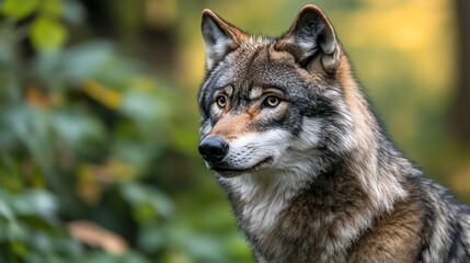 Fototapeta premium A wolf looks to the side, in a forest setting.
