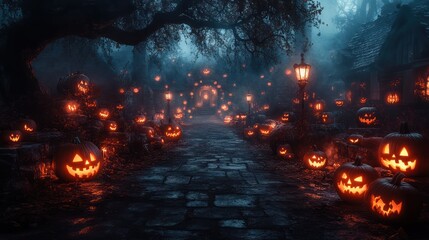 Spooky Halloween path lined with glowing jack-o'-lanterns leading to a mysterious house in a dark forest.