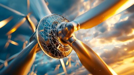 Renewable Energy and Green Technologies Concept. Innovative Wind Turbine Close-Up Against Dramatic Sky