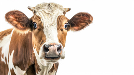 Portrait of a Surprised Cow: Close-up, isolated on a white background.