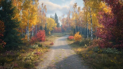 Obraz premium Colorful trees and rural road in deep autumn forest