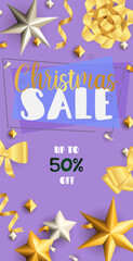 Christmas Sale flyer design with golden ribbons, streamer and stars on purple background. Vector illustration for advertising design, vertical banner and poster templates