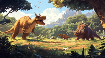 A variety of dinosaurs stand in a lush jungle setting with a waterfall.