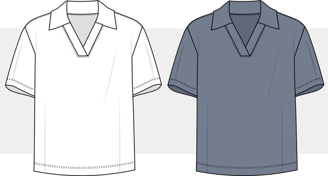 Men Polo Shirt technical fashion illustration. Short Sleeve Polo Shirt fashion flat technical drawing template, v neck, polo collar, regular fit.