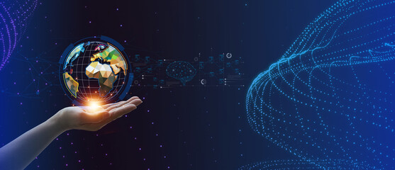 Human hand holding a virtual globe connected to an AI network; showcasing the integration of artificial intelligence with global connectivity for digital transformation.