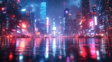 Fototapeta premium Futuristic city at night, reflecting in rain-slicked streets.