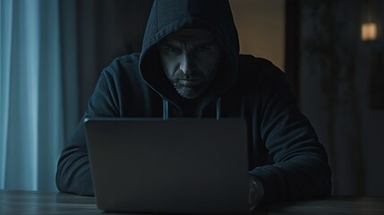 A hooded figure hunches over a laptop in a dimly lit room.