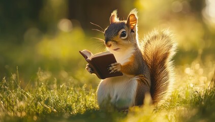 Squirrel Reading a Book in a Meadow