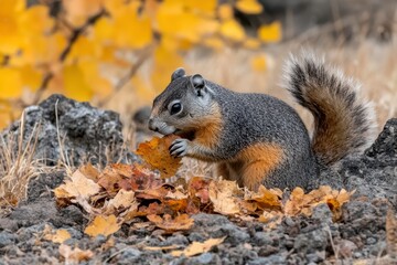 Fototapeta premium Close-Up of a Gray Squirrel Enjoying a Fallen Leaf Among Vibrant Autumn Foliage in a Natural Setting of Rocks and Dried Grass