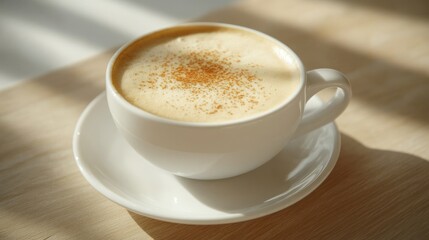 Fototapeta premium cup of coffee with a frothy top and sprinkled cinnamon