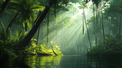 Obraz premium Exploring the vibrant life of a humid biome lush vegetation and tranquil waters in a pristine tropical environment