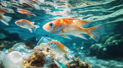 Naklejka premium An underwater view of fish swimming near plastic debris, highlighting the effects of ocean pollution.