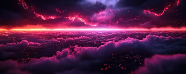 Naklejka premium A vibrant, surreal sky filled with swirling clouds and striking pink and purple hues, creating a dreamlike atmosphere at sunset.