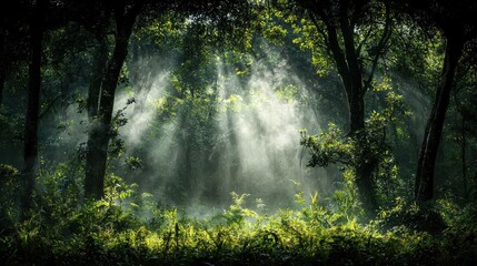 Obraz premium Gentle mist rising from the forest floor enchanted woodland nature photography serene environment atmospheric perspective highlighting the beauty of nature