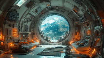 Obraz premium Futuristic spaceship interior with Earth view.