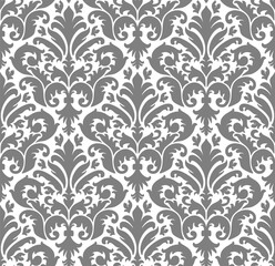 Seamless damask pattern in grayscale with classic floral and ornamental motifs for elegant designs.