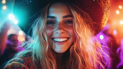 A woman wearing a black hat smiles amid colorful lights and a vibrant atmosphere, embodying a lively and joyous gathering with playful energy.