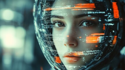 Close-up portrait of a futuristic woman in a helmet with digital displays.