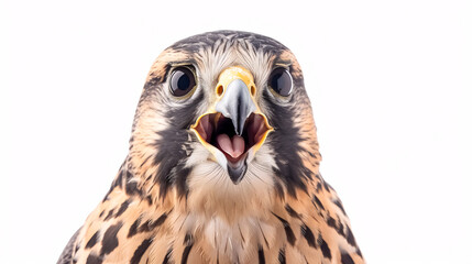 Fototapeta premium Portrait of a Surprised Falcon: Close-up, isolated on a white background.