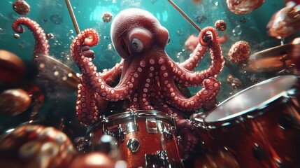 An octopus artistically engages in playing drums underwater, delighting in a splash of color and motion while blending the boundaries between creativity and aquatic life.