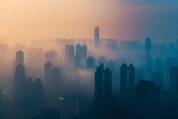 Cityscape Silhouetted by Thick Smog at Dawn with Urban Skyline Eclipsed by Pollution, Soft Hues Revealing Layers of Buildings and Atmosphere
