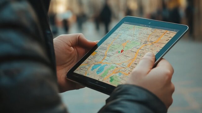Person using a tablet to view a map outdoors