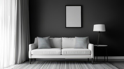 A minimalist living room featuring a light sofa with decorative pillows, a floor lamp, and a blank wall ready for artwork.