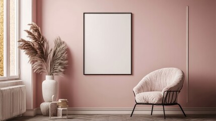 A cozy interior featuring a pink wall, a stylish chair, and decorative plants.