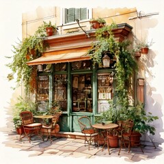 Fototapeta premium watercolor picture of A quaint coffee shop exterior with a hanging sign, outdoor seating, and potted plants