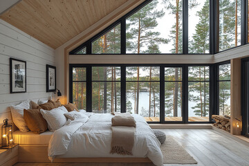Fototapeta premium Cozy Lakeview Bedroom With Large Windows And Wooden Accents